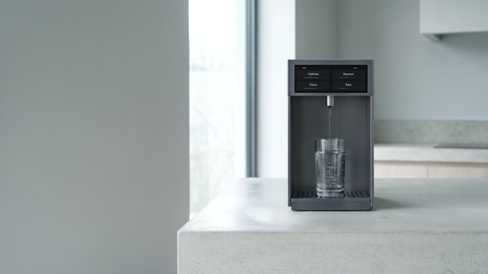 The Revivex machine on a concrete counter with an empty glass in the bay