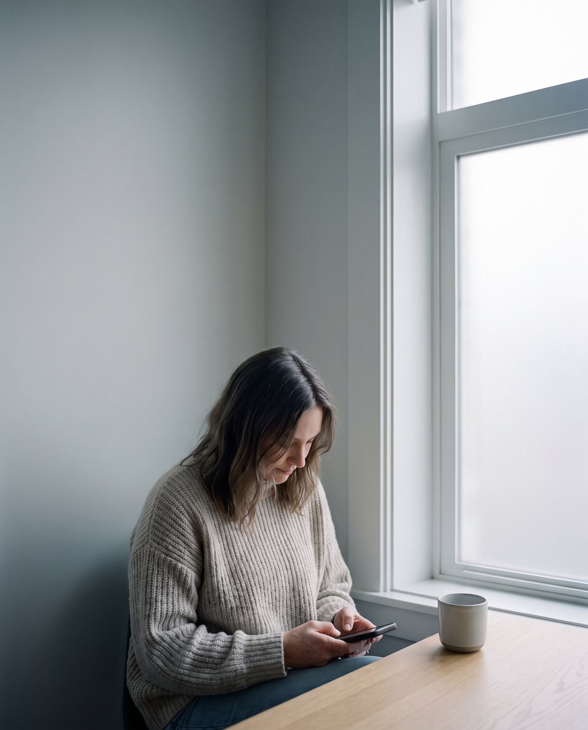 A woman checking her phone in the morning