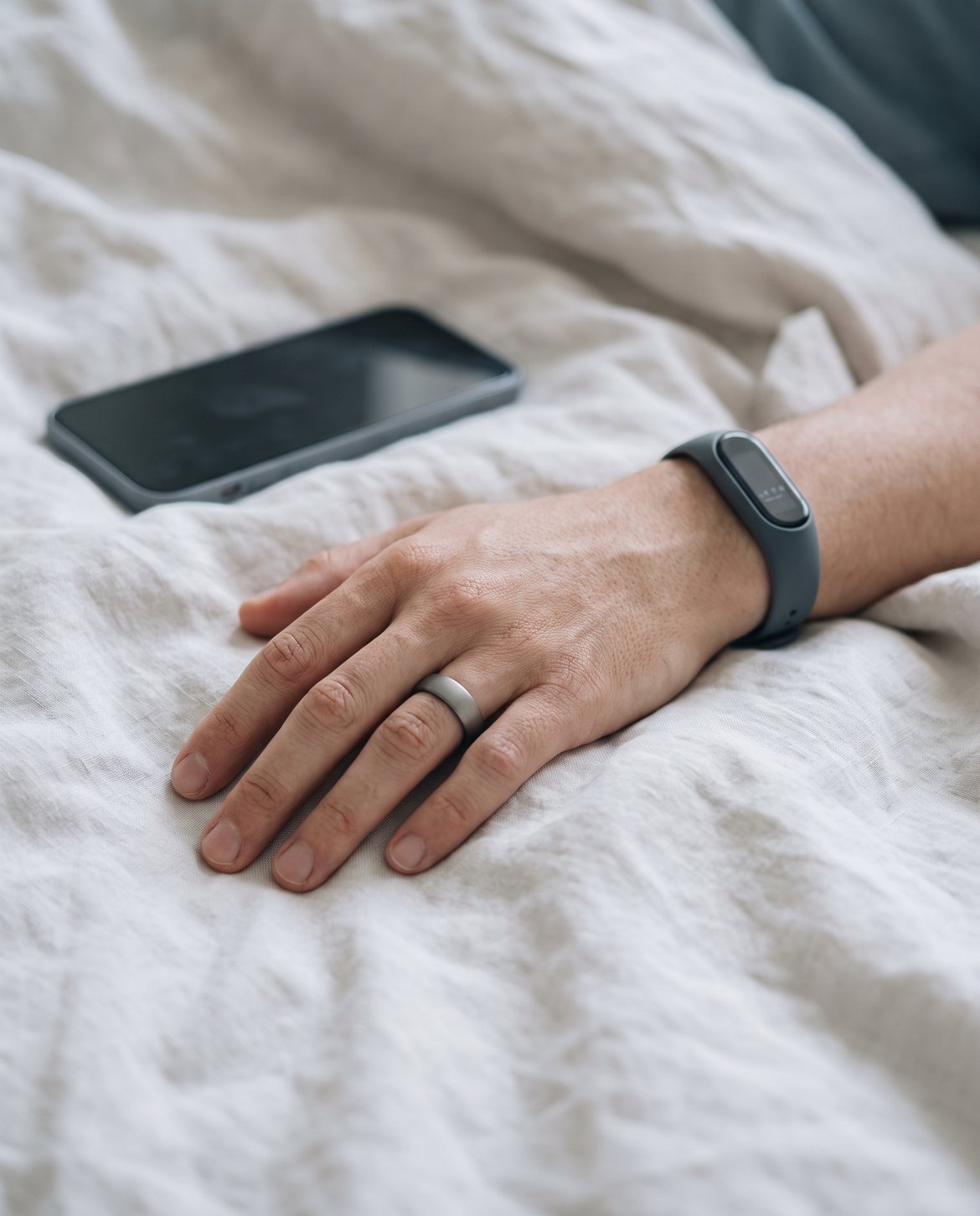A hand wearing a smart ring and fitness band