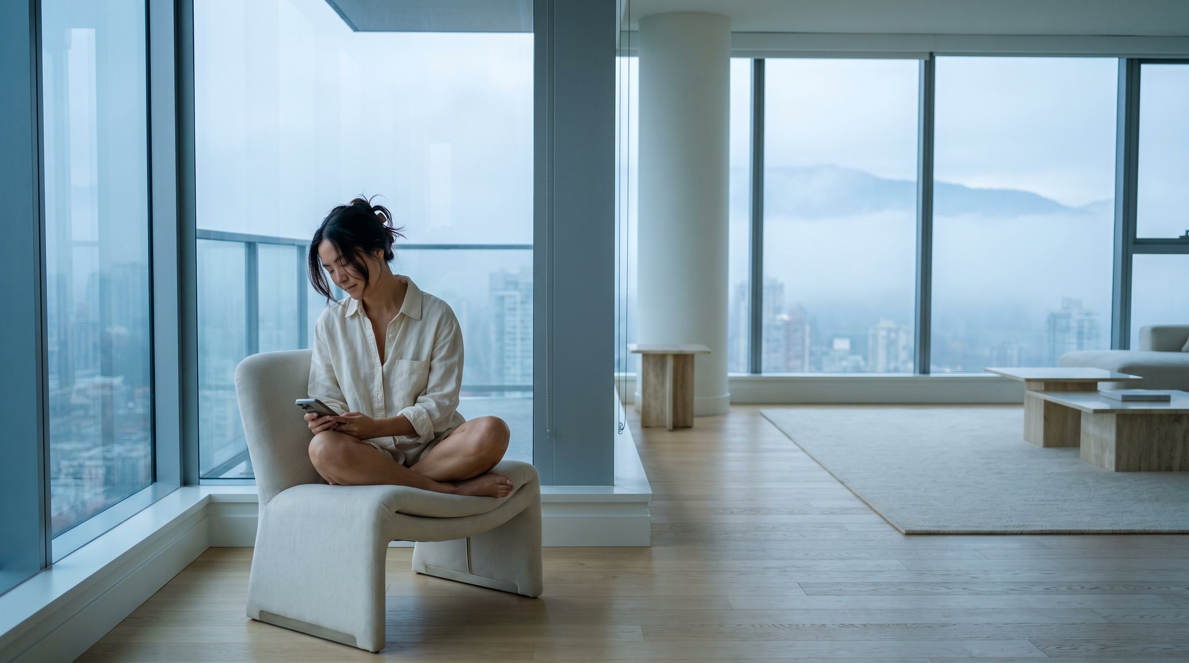 A woman checking her phone by the window